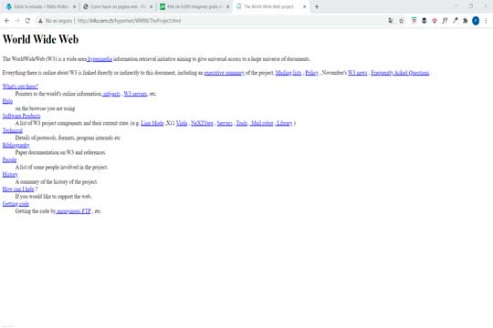 En esta imagen se puede ver la primera pagina web de la historia que hizo Tim Berners-lee