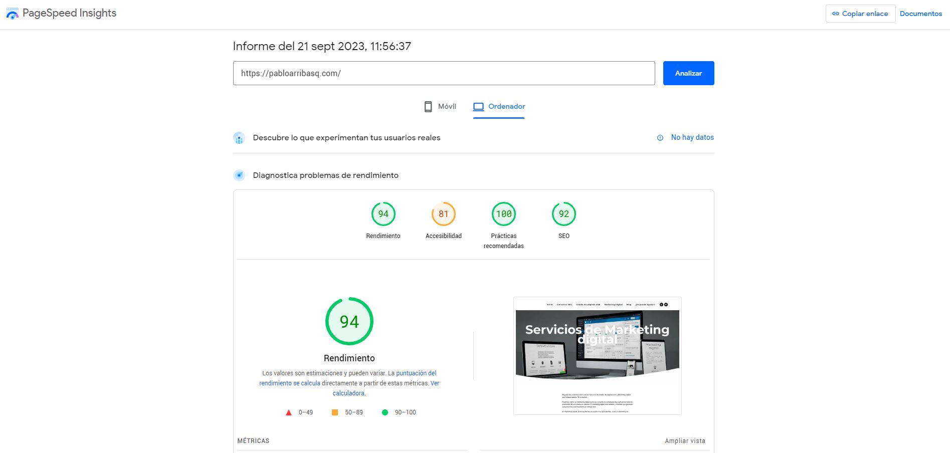 Informe de page speed insight para conocer el estado de tu pagina web, velocidad de carga, y otros parámetros