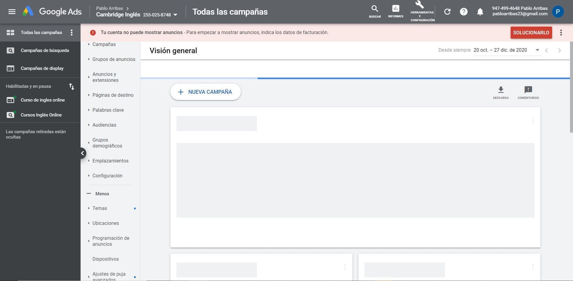 Interfaz de Google adwords, herramienta ara la publicidad de pago de google